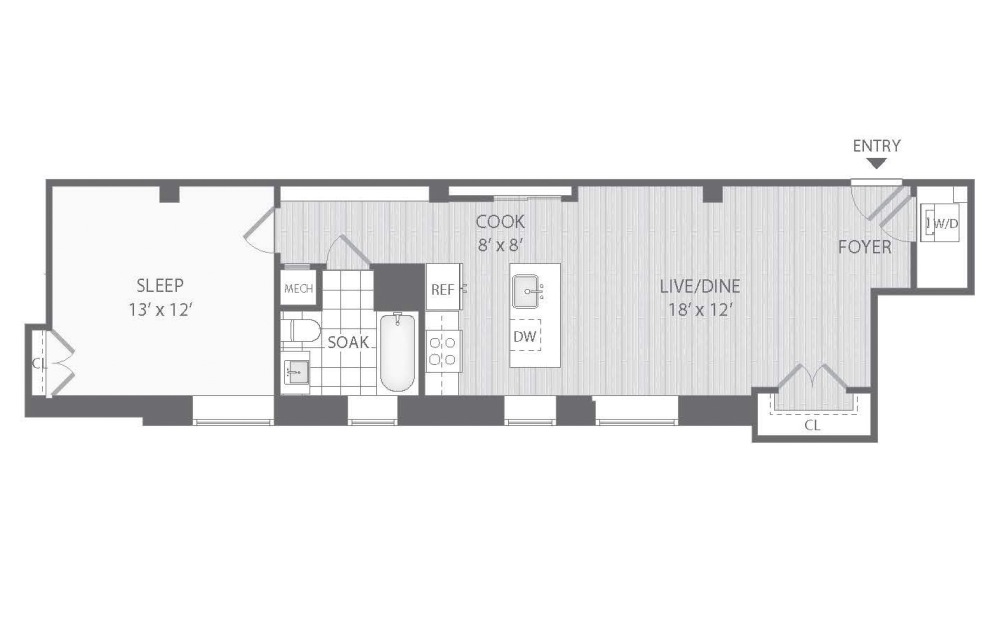 1 Bed / 1 Bath - 1 bedroom floorplan layout with 1 bathroom and 602 - 732 square feet