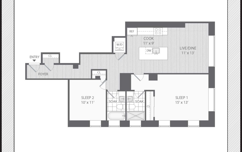 2 Bed / 2 Bath - 2 bedroom floorplan layout with 2 bathrooms and 997 square feet (Layout 2)